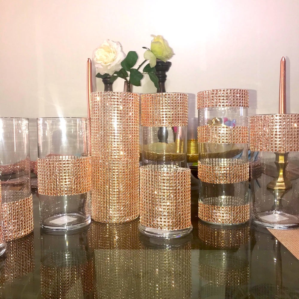 ROSE GOLD RHINESTONE GLASS VASES DIFFERENT SIZE & DIFFERENT DESIGNS-PRICE VARIES